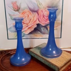 Pair Blue Art Deco Candlestick Holder by Tiffin Glass Circa 20's